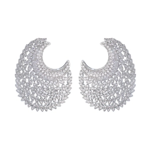 Elegant silver crescent earrings with sparkling white cubic zirconia for banquet evening wear