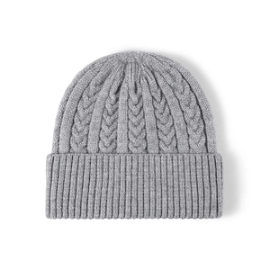 Classic light grey cable knit beanie with ribbed cuff for winter warmth and style
