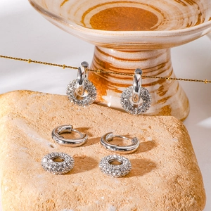 Silver 18K gold stainless steel detachable hoop earrings with pavé crystals on stone
