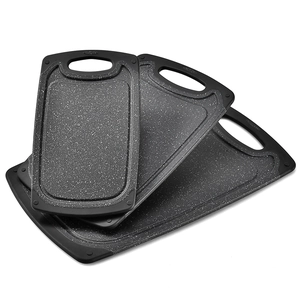 Set of 3 non-slip plastic cutting boards with granite texture and black handles