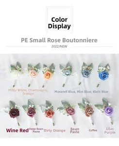 Detailed view of 12 multi-colored PE rose boutonnieres with lace and gold berries