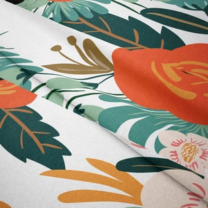 Detailed macro view of vibrant tropical floral pattern and soft plush fabric texture