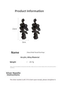 Detailed view of matte black rose petal tassel earrings with acrylic alloy design specs