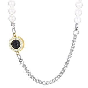 Cuban chain and pearl patchwork necklace with a gold-tone pendant and black gemstone