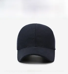 Detailed front view of a dark blue wool baseball cap with a solid minimalist design