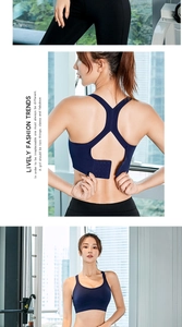 Detail showing adjustable back closure and racerback design of sports bra in navy blue