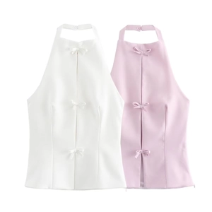 Halter neck cropped vest with bow decoration in white and pink color options