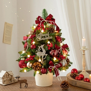Deluxe 60cm tabletop Christmas tree in white pot with warm LED lights and ornaments