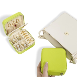 Portable lime green PU leather jewelry organizer with necklace hooks and ring slots