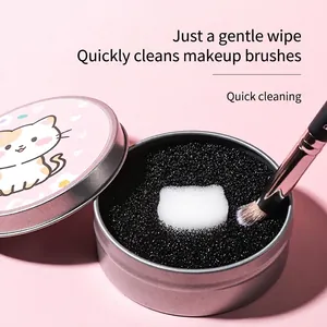Cat themed makeup brush dry cleaning sponge tin with cute design for quick color removal