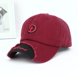 Distressed burgundy baseball cap with 3D letter D embroidery and contrast black brim