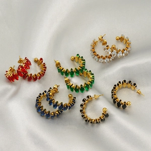 C-shaped 18K gold plated stainless steel hoop earrings with colorful marquise zircons