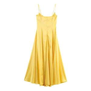 Elegant yellow satin maxi dress for women featuring a sleek back view and wide flowy hemline