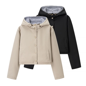 Women's short hooded reversible jacket in beige and black with checkered lining