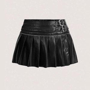 Sexy black PU leather pleated mini skirt with silver double buckles and punk style