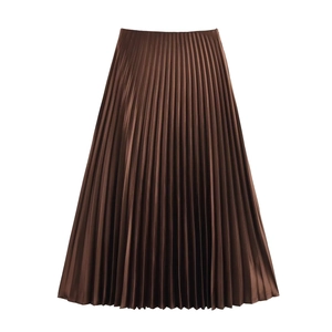 Elegant dark brown satin pleated midi skirt with high waist and A-line silhouette