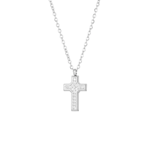 Polished silver stainless steel cross pendant necklace with sparkling zircon pavé