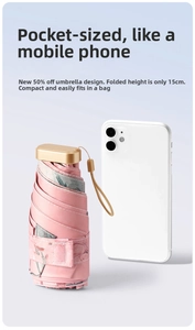 Compact pink mini umbrella with 5-fold structure and 15cm portable storage height