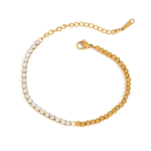 Tennis Bracelet For Women 18K Gold Plated Stainless Steel With White Zircon Half Round Bead Chain Adjustable Elegant Jewelry