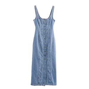 Abito Midi In Denim Con Bottoni Frontali Senza Maniche Vestibilità Slim Scollo Quadrato Streetwear Chic Donna