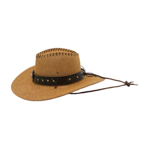 Close-up of Western cowboy hat with leather band, metal studs and adjustable chin strap