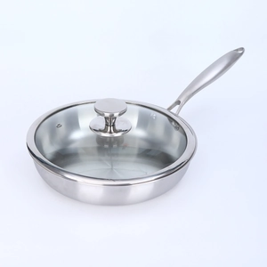 Polished stainless steel frying pan with a tempered glass lid and sturdy riveted handle
