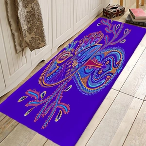 Bohemian style flannel floor mat with purple base and owl totem pattern on wood floor