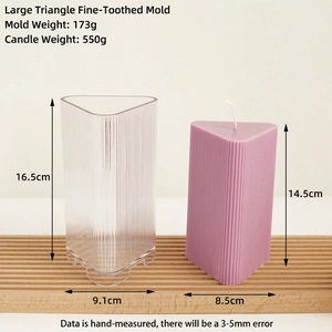 Large triangular ribbed acrylic candle mold with matching purple wax pillar candle