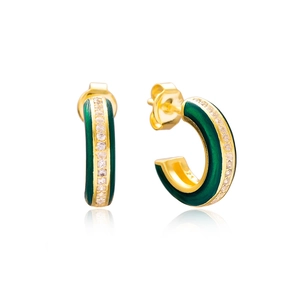 Detail of C-shaped earrings with green enamel and white zircon stones on gold-plated S925 silver