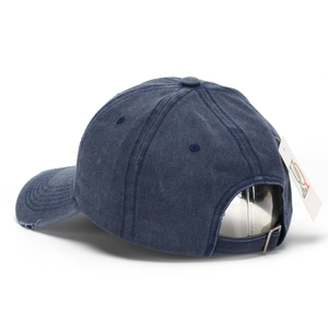 Rear view of washed navy denim baseball cap with vintage distressed details and metal buckle