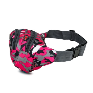 Waterproof camouflage waist bag in pink and grey with three zippered layers and buckle