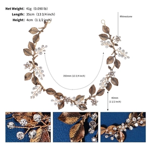 Detail view of golden bridal headband with rhinestone leaf and dimensions layout