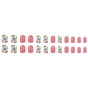 Floral press-on nails set with pink colors and hand-painted vintage flower patterns