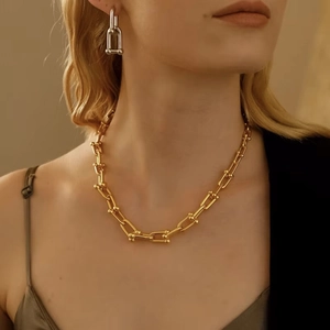 Ensemble élégant collier à maillons en U dorés et boucle d'oreille argentée sur modèle