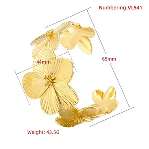Fashion gold metallic floral open bangle with layered flower petal design and brushed texture