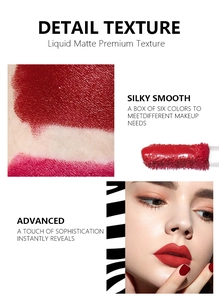 Detailed view of matte liquid lip glaze texture, arm swatches, and model application