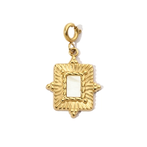 Detailed macro view of vintage gold rectangular shell pendant with spring clasp