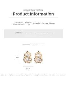 Detailed view of gold-plated gourd earrings with cubic zirconia and silver needle posts
