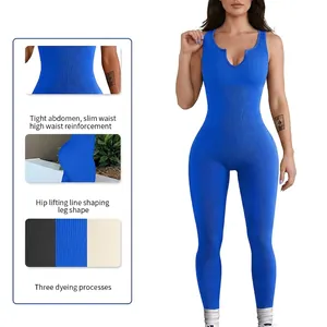 Combinaison de yoga côtelée sans manches bleu Klein avec contrôle du ventre taille haute
