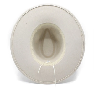 Overhead view of beige fedora interior showing sweatband and adjustable drawstring detail