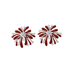 Vintage silver zircon firework stud earrings with red accents and coral-like design