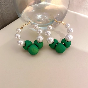 Retro hoop earrings with faux pearls and green matte beads on gold-plated hooks