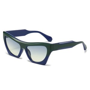 Chic cat eye sunglasses with green and blue frames and yellow-to-blue gradient lenses