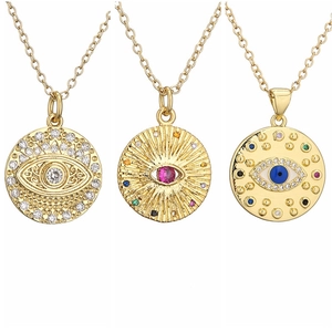 Evil Eye Pendant Necklace Gold Plated Copper Geometric Round Disc Micro Inset Zircon Retro Fashion Jewelry For Women