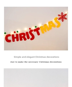 Detail of Christmas felt banner with LED warm lights, snowflake charms and colorful pom-poms