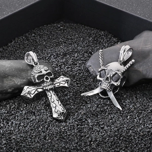 Punk gothic skull and cross swords titanium steel pendants for men on dark stone