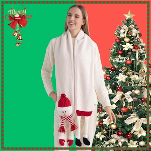 Winter festive white plush scarf featuring 3D snowman doll and Christmas theme details