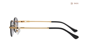 Macro detail of rimless sunglasses featuring golden woven metal temples and grey lenses