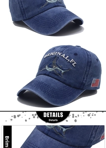 Detail view of washed cotton baseball cap with shark embroidery and US flag patch