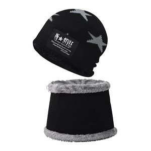 Winter Knitted Beanie Hat And Neck Warmer Fleece Lined Star Jacquard Thermal Windproof Cold Weather Outdoor Accessories